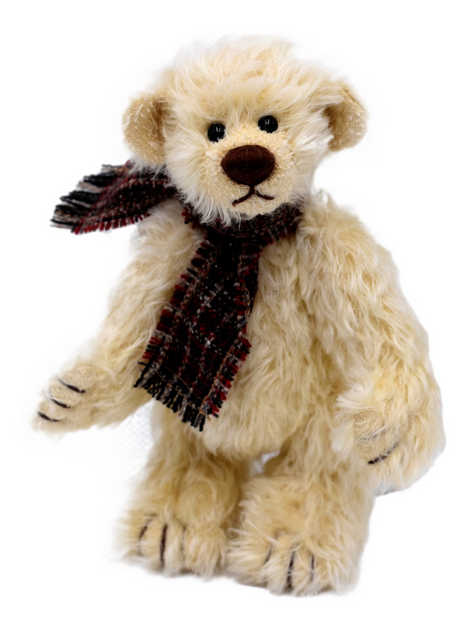 Teddy Joringel aus cremefarbenem Mohair mit kariertem Schal, 20 cm großer voll beweglicher Sammlerbär von Clemens Bears