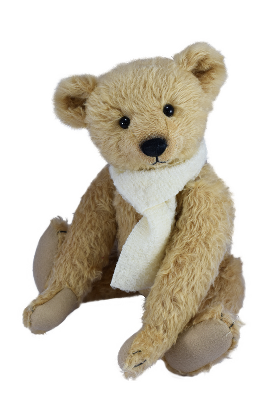 Teddy Wido aus honigfarbenem Mohair mit hellem Schal, 43 cm großer voll beweglicher Sammlerbär von Clemens Bears
